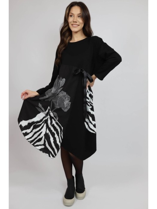 ROCHIE MIDI ASIMETRICA CU BUZUNARE SI MANACA LUNGA WHITE ROSE TALIE UNICA Negru