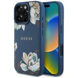 Husa iPhone 16 Pro Guess Grained Flowers MagSafe, albastru, GUHMP16LPGNMPLMB