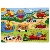 Puzzle din lemn, Woody, Gasiti si conectati animalele si vehiculele, 7, 8 piese