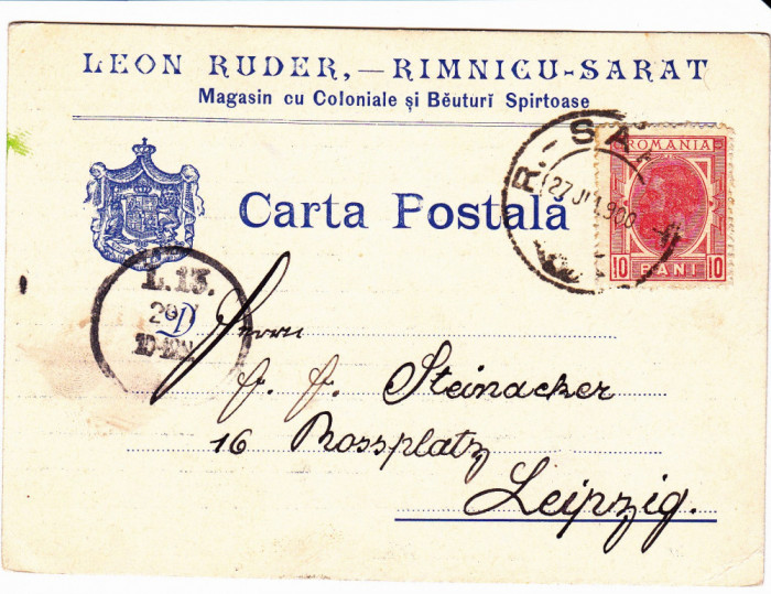 Carte postala circulata la 1900 din Ramnicu - Sarat Leon Ruder