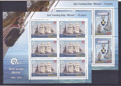 Transporturi - Nava școală &amp;rdquo;Mircea&amp;rdquo;, 75 de ani, minicoală de 6 timbre cu manșetă ilustrată, 2014, LP 2023c, MNH foto