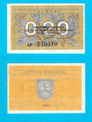 Lituania (p#30b) 0.2 Talonas 1991 UNC &amp;#039;&amp;Icirc;nlocuitorul Rublei Sovietice&amp;#039; Cu text pe valoare foto