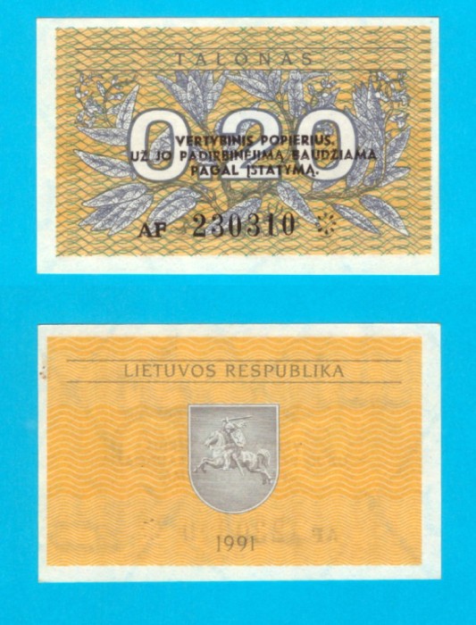 Lituania (p#30b) 0.2 Talonas 1991 UNC &#039;&Icirc;nlocuitorul Rublei Sovietice&#039; Cu text pe valoare