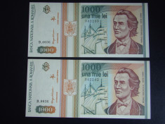 2 Bancnote Consecutive 1000 lei 1993 ROMANIA - UNC foto