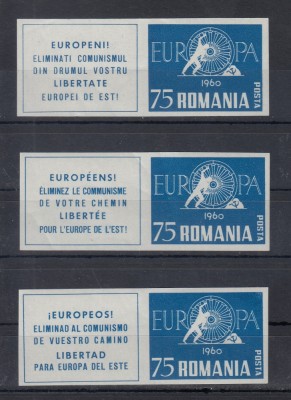 ROMANIA EXIL 1960 EMISIUNEA 22 SERIE NEDANTELATA CU VIGNETA IN 3 LIMBI MNH foto