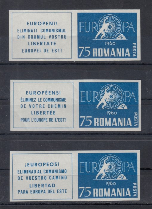 ROMANIA EXIL 1960 EMISIUNEA 22 SERIE NEDANTELATA CU VIGNETA IN 3 LIMBI MNH
