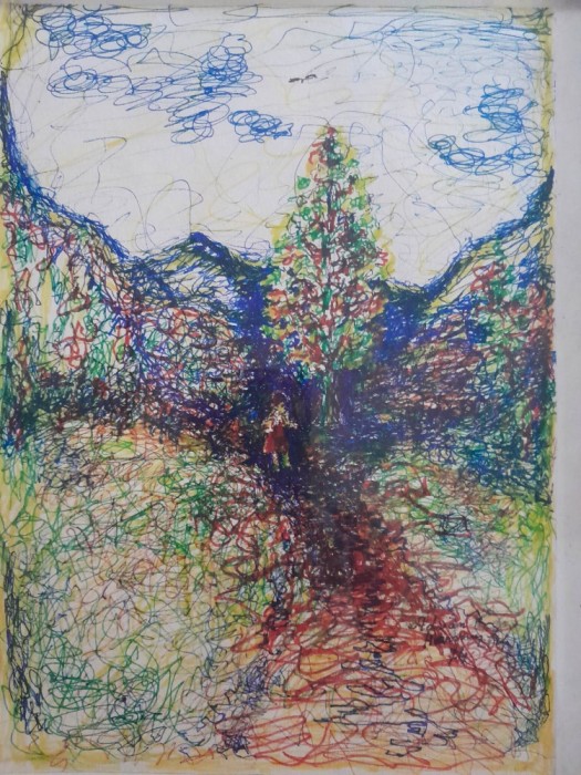 tablou Peisaj cu copil, tehnica mixta Adrian Hurmuz 1974 28x20 cm arta informala