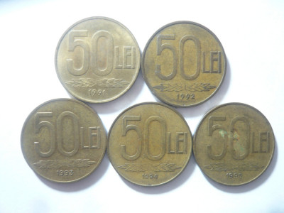 SET 5 Monede 50 LEI 1991 1992 1993 1994 1995 , bronz , cal. F.Buna foto