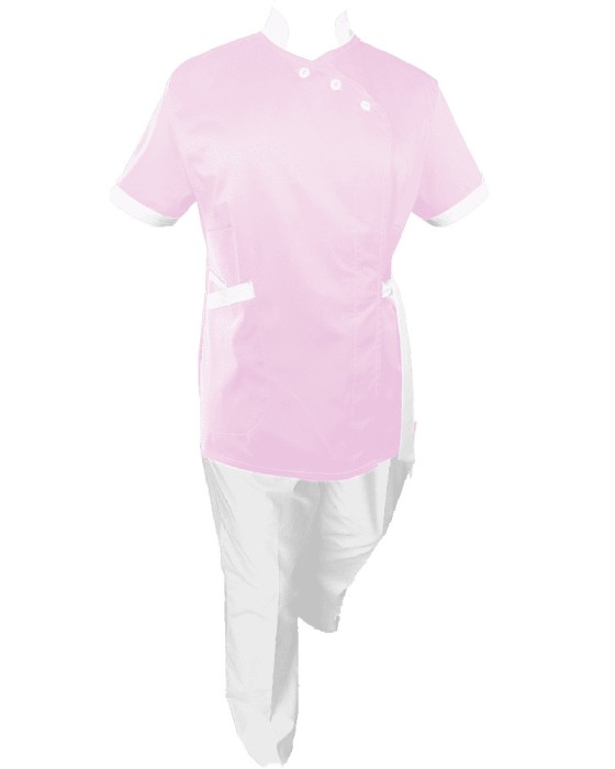 Costum Medical Pe Stil, Roz deschis cu Elastan cu Garnitură Alba si pantaloni Albi, Model Andreea - 2XL, XL