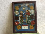colectie / arta / religie - Icoana veche pictata pe sticla Buna Vestire arta naiva taraneasca in rama de lemn / Transilvania !