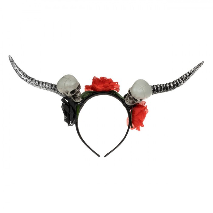 Coroniță Deghizare Diavol, Coarne 15cm, Cranii, Trandafiri Roșii și Negri, Plastic, Multicolor