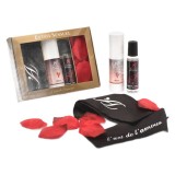 Set cadou erotic EXTASE SENSUEL L&rsquo;art de l&rsquo;amour, cu gel intim, lubrifiant aromat, legătură pentru ochi și petale de trandafir