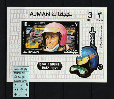 Timbre Arabia, Ajman, 1971 | Piloţi de cursă accidentaţi, maşini - Minibloc MNH foto