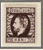 ROMANIA 1872 LP 37 REGELE CAROL I CU BARBA 25 BANI BRUN T6 EROARE GUMA ORIGINALA