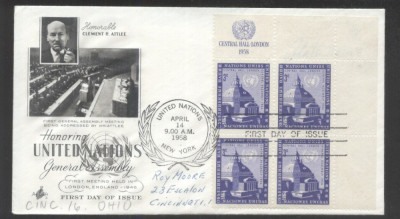 UN New York 1958 Central Hall London Mi.68 x 4 FDC UN.185 foto