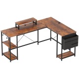 HOMCOM Birou de colț reversibil &icirc;n formă de L, 168-240 cm, stil industrial, cu c&acirc;rlige, rafturi, geantă laterală și suport monitor, maro rustic | Aoso