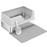 PawHut Litieră pentru Pisici xl cu Covoraș, Tavă din Oțel Inoxidabil, Lopățică, Perie, P&acirc;nă la 8 Kg, Gri Deschis | Aosom Romania
