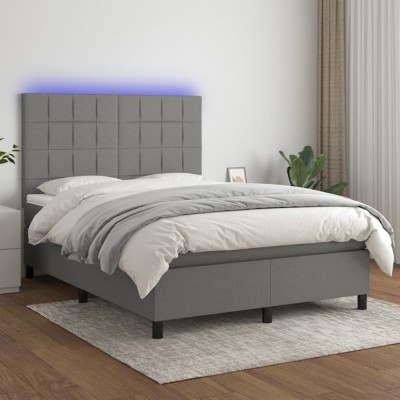 vidaXL Pat cu arcuri, saltea și LED, gri &amp;icirc;nchis, 140x190 cm, textil 3134870 foto
