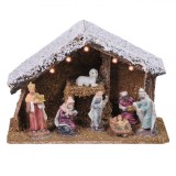 Decorațiune Crăciun Iesle LED, 5 LED-uri, 7 Figurine, Lemn și Porțelan, 26x10.5x18cm