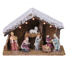 Decorațiune Crăciun Iesle LED, 5 LED-uri, 7 Figurine, Lemn și Porțelan, 26x10.5x18cm