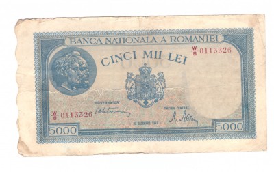 5000 lei 20 decembrie 1945, circulata, stare relativ buna foto