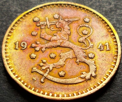 Moneda istorica 1 MARKKA - FINLANDA, anul 1941 *cod 2461 A = patina curcubeu foto