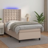 VidaXL Pat cu arcuri, cu saltea și LED cappuccino 100x200 cm piele eco