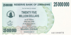 Bancnota Zimbabwe 25.000.000 Dolari 2008 - P56 UNC foto