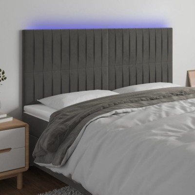 vidaXL Tăblie de pat cu LED, gri &amp;icirc;nchis, 160x5x118/128 cm, catifea 3122717 foto