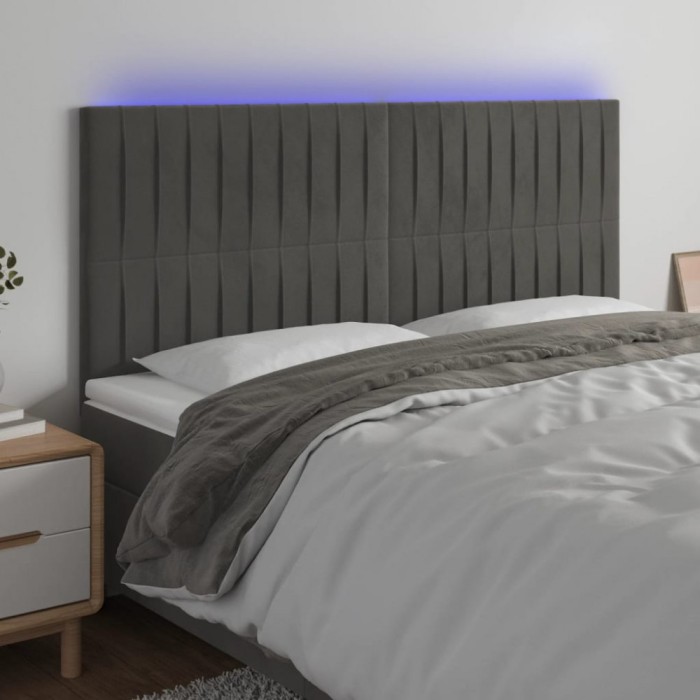 vidaXL Tăblie de pat cu LED, gri &icirc;nchis, 160x5x118/128 cm, catifea 3122717