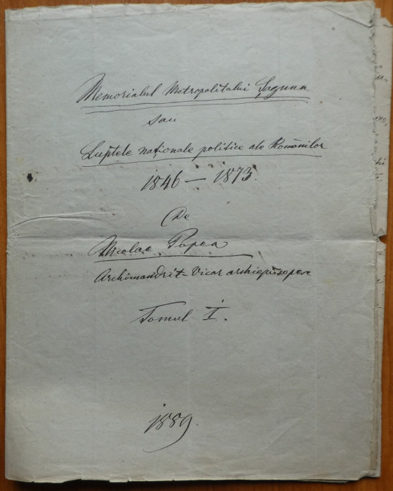 Manuscris Nicolae Popea , Memorialul Mitropolitului Saguna ,Sibiu ,1889 ,13 pag.