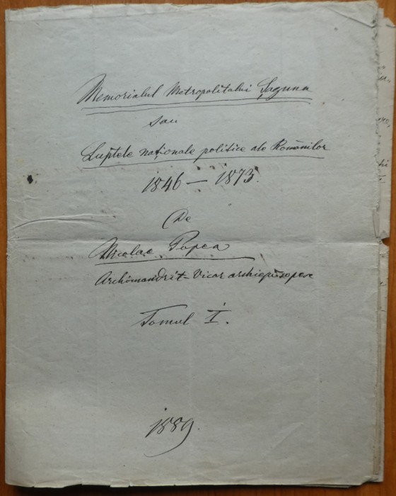 Manuscris Nicolae Popea, Memorialul Mitropolitului Saguna, Sibiu, 1889, 13 pagini