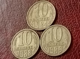 Lot 3 monede Rusia / URSS: 10 copeici 1984 + 1988 + 1989, stari aUNC / UNC