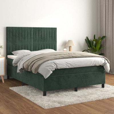 vidaXL Pat box spring cu saltea, verde &amp;icirc;nchis, 140x190 cm, catifea foto