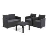 Set mobilier de gradina, polipropilena, Keter Claire, pentru terasa, cu masa, doua fotolii si o canapea, design ratan, culoare graphite, rezistent la