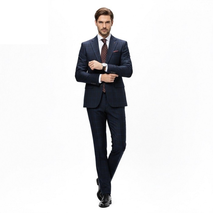 Costum barbati casual bleumarin in caro CT002