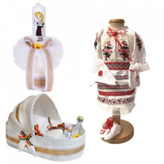 Set botez traditional fetita, trusou botez landou, lumanare si costum