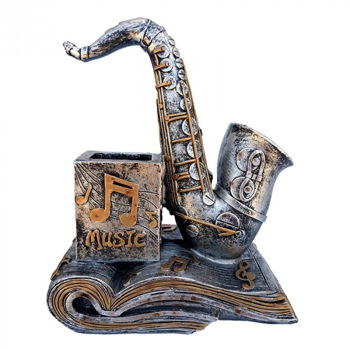 Statueta, in forma de saxofon cu note muzicale si suport pentru pixuri, 18 cm, 1562G