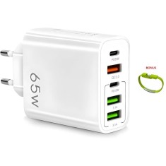 Incarcator de priza, 65W, incarcare rapida 3.1A, 2x type C, 3x USB A + bratara tip USB - Alb