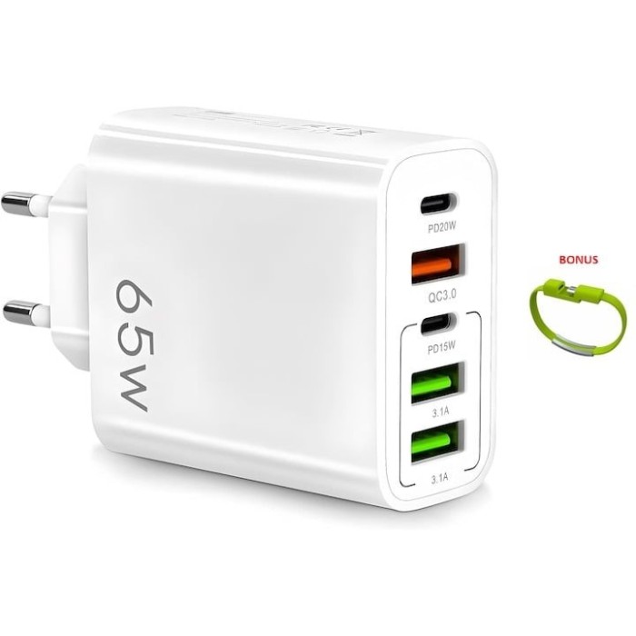Incarcator de priza, 65W, incarcare rapida 3.1A, 2x type C, 3x USB A + bratara tip USB - Alb