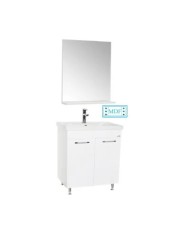 Set mobilier baie GN0541, front MDF, cu lavoar ceramic, 60 cm, 2 usi, 2 rafturi, picioare cromate reglabile, balamale soft close si oglinda cu polita
