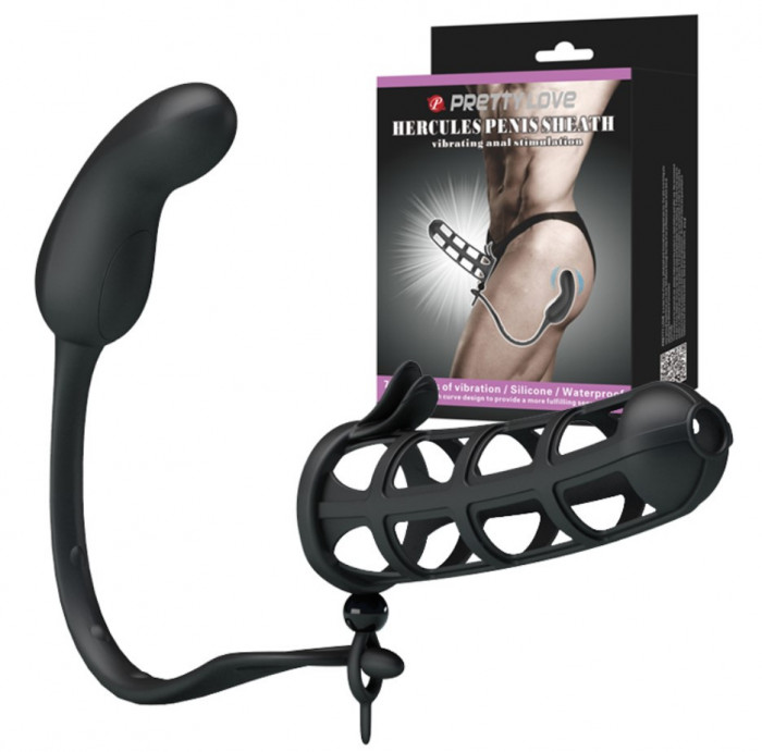 Manson de Penis cu Stimulator Anal Hercules, 7 Moduri Vibratii, Silicon, USB, Negru