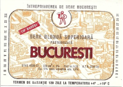 NI474 Etichetă bere blondă superioară pasteurizată București, &amp;Icirc;ntreprinderea de bere București foto
