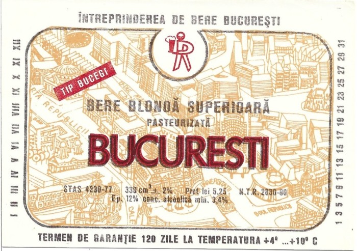 NI474 Etichetă bere blondă superioară pasteurizată București, &Icirc;ntreprinderea de bere București