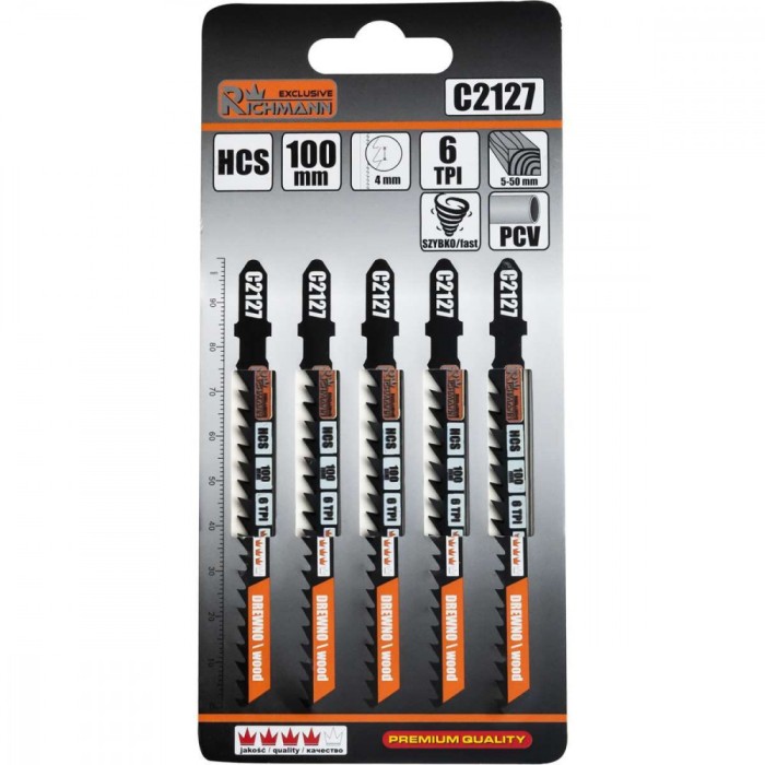 Panza, lama, fierastrau pendular, pentru lemn, HCS, prindere tip T, 6 TPI, taiere rapida, set 5 buc, 100 mm, Richmann Exclusive