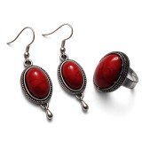 Set de bijuterii cercei si inel reglabil cu howlite rosu &ndash; 195600