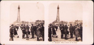 ST85N Blackpool, Merry caterers on the beach, stereoscopic photo foto