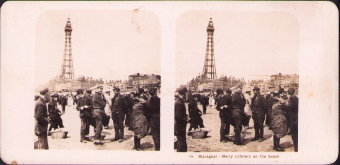 ST85N Blackpool, Merry caterers on the beach, stereoscopic photo