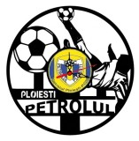Ceas de perete decorativ realizat din disc de vinil, Model Petrolul Ploiesti, Fotbalist in Foarfeca si Mingi, Text Ploiesti Petrolul, Negru, 30 cm