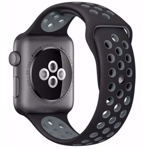 Curea iUni compatibila cu Apple Watch Ultra/SE/8/7/6/5/4/3/2/1, 38mm, Silicon Sport, Negru/Argintiu
